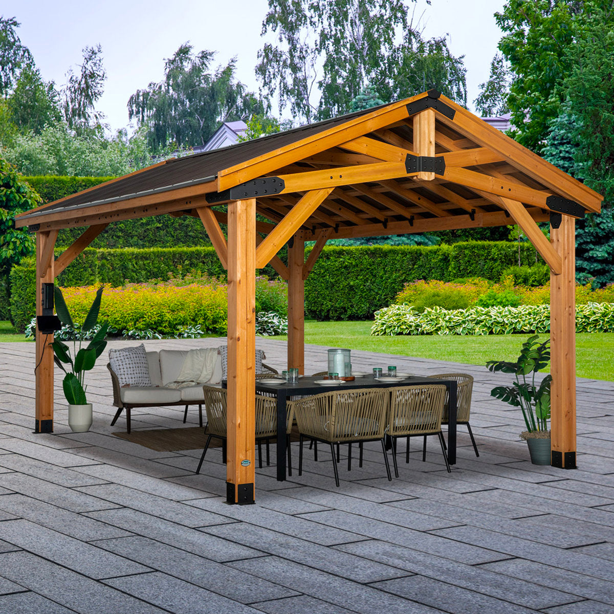 Backyard Discovery Norwood 16' x 12' Cedar Wood Outdoor Patio Gazebo with Hardtop Galvanized Steel Peak Roof and PowerPort