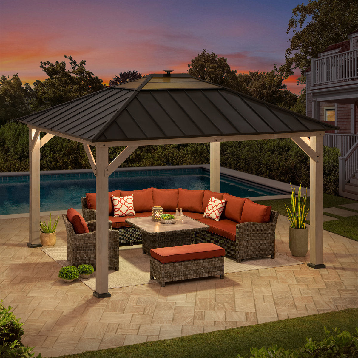 Sunjoy 11¡¯ x 13¡¯ Grayden Wood Gazebo, Outdoor Patio Solar Powered Hardtop Gazebo with One-Tier Metal Roof, LED Light and Ceiling Hook