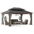 Sunjoy 12x16 ft. Wood Gazebo, Outdoor Patio Steel Hardtop Gazebo, Cedar Framed Wooden Gazebo with 2-tier Metal Roof, Suitable for Patios, Lawn, and Backyard, Dark Brown