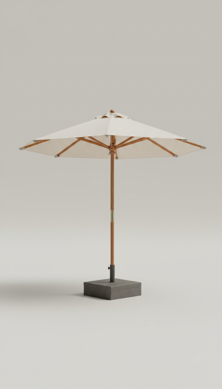 Teak frame umbrella in ivory breeze with wind base